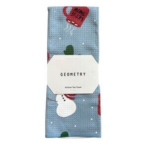 New Geometry Kitchen Tea Towel 18 in x 30 in Blue Snowmen Mittens and Hot Cocoa